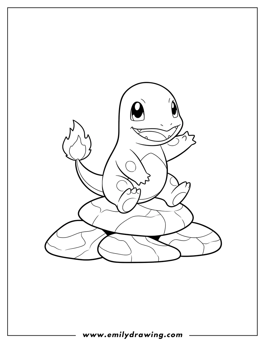 Doodle style coloring picture of smiling Charmander playing on rocks