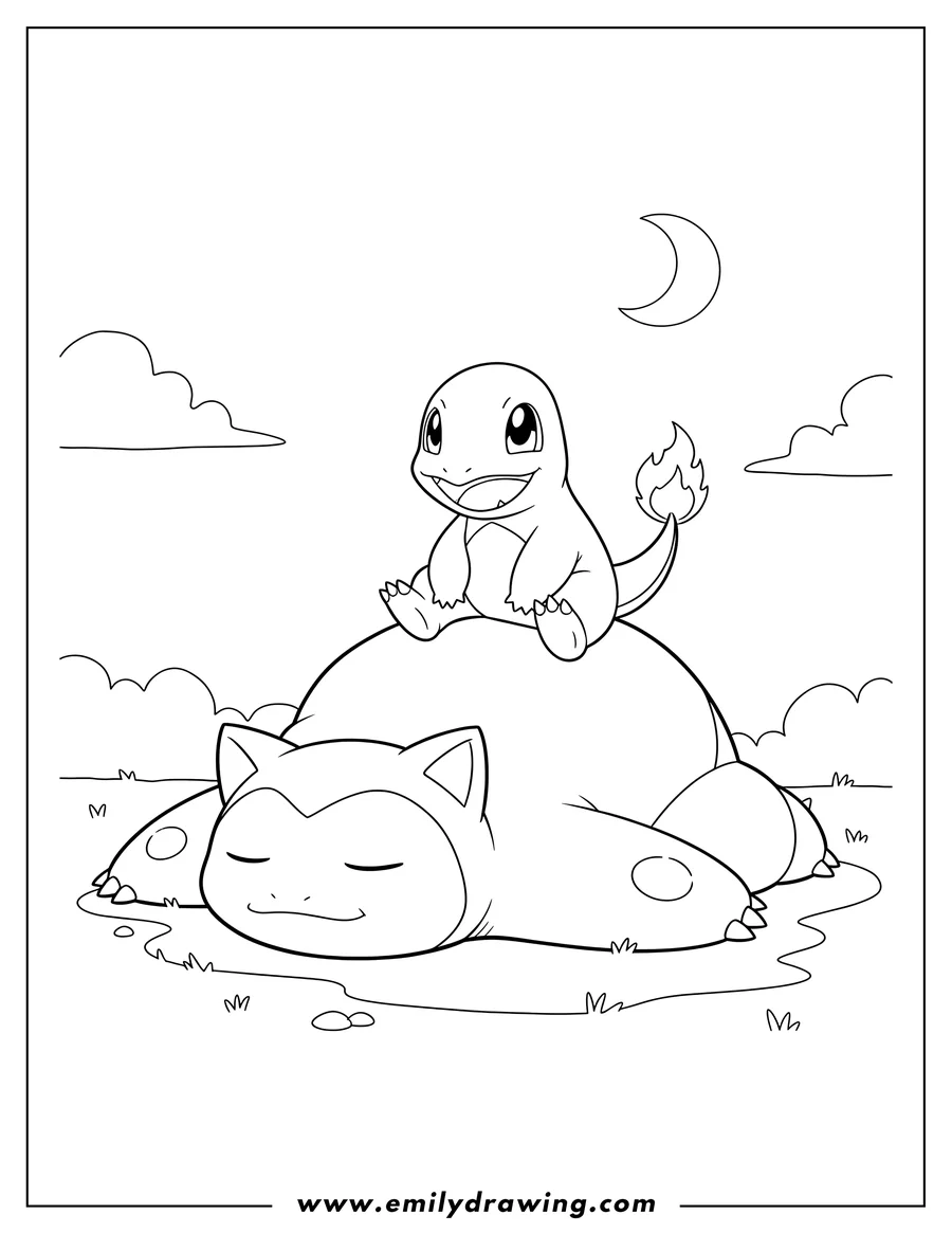 Free to print drawing of smiling Charmander sitting on sleeping Snorlax