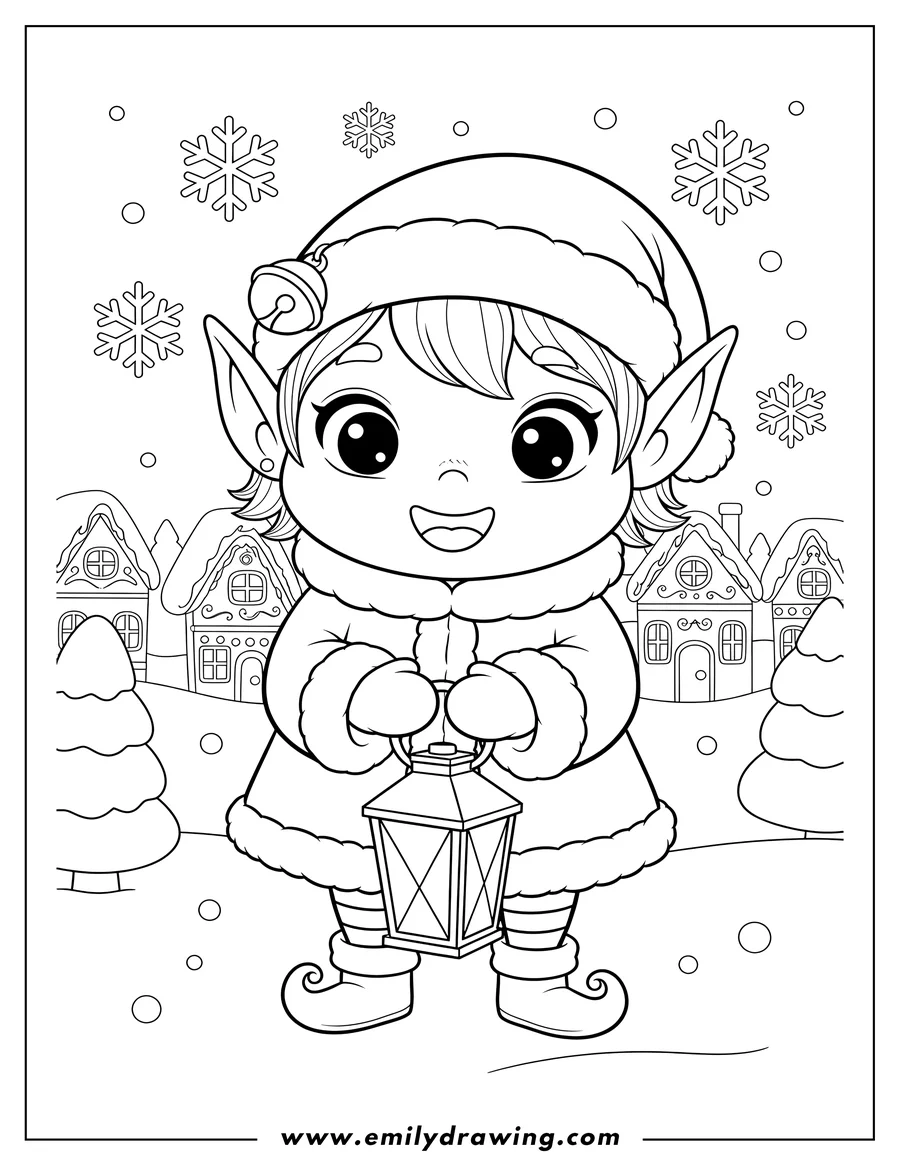 Coloring page for kids: smiling Chibi Elf with Pointy Ears Holding Lantern Snowy Christmas Village