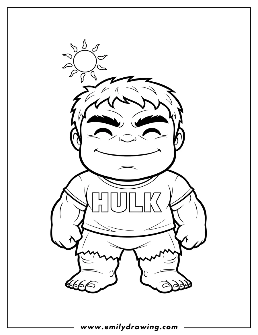 Outline drawing of smiling Chibi Hulk Under Sun, wearing a HULK t-shirt, torn shorts, and barefoot