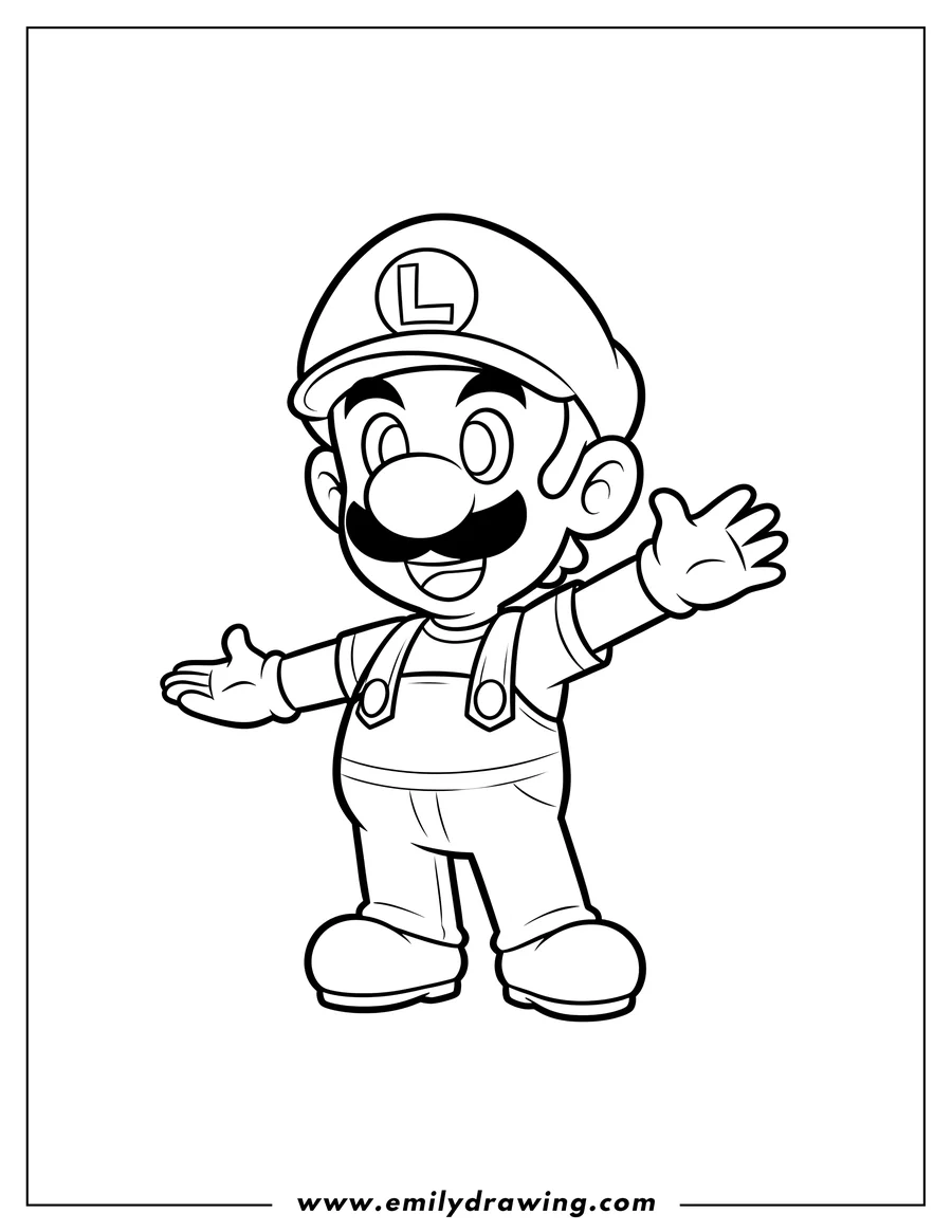 Black and white line art of easy Chibi Smiling Luigi Preschoolers, standing, wearing his hat with an 'L' and overalls