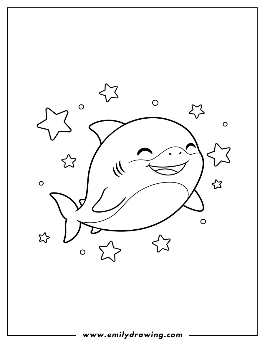 Coloring page for kids: smiling chibi shark swimming with stars