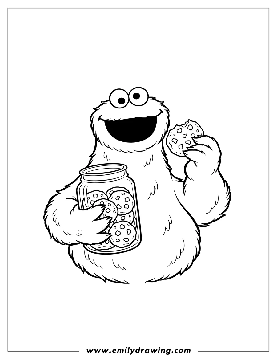 Free to print drawing of smiling Cookie Monster holding cookies and a full cookie jar