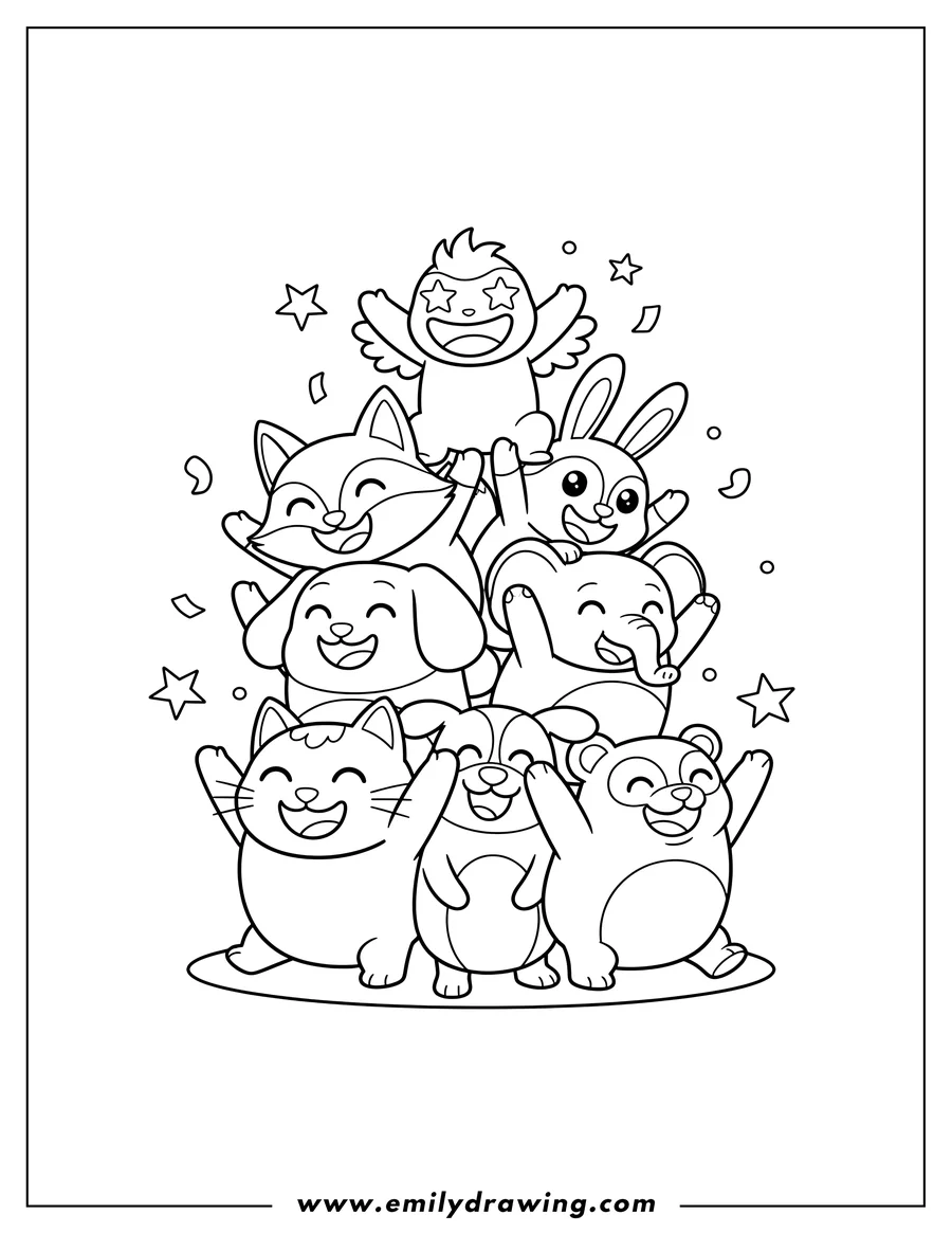 Simple sketch of smiling Critters Characters Cheering, stacked in a pile to color