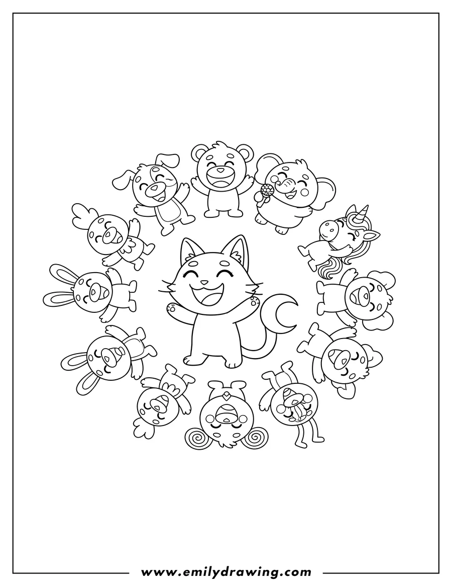 Printable line art of catnap Dogday Bobby Bearhug Bubba Bubbaphant Craftycorn Hoppy Hopscotch Kickinchicken And Pickypiggy singing in a circular design