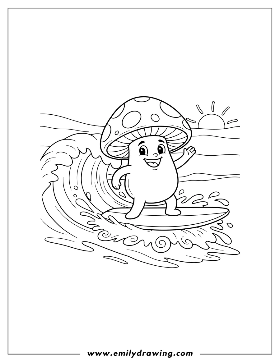 High quality printable smiling cute mushroom with spotted cap and raised arms surfing for coloring
