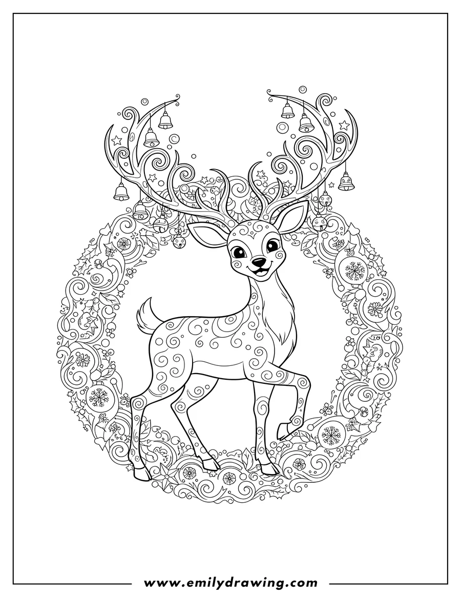 Linear illustration of smiling Deer Christmas Mandala with elaborate antlers and one leg raised