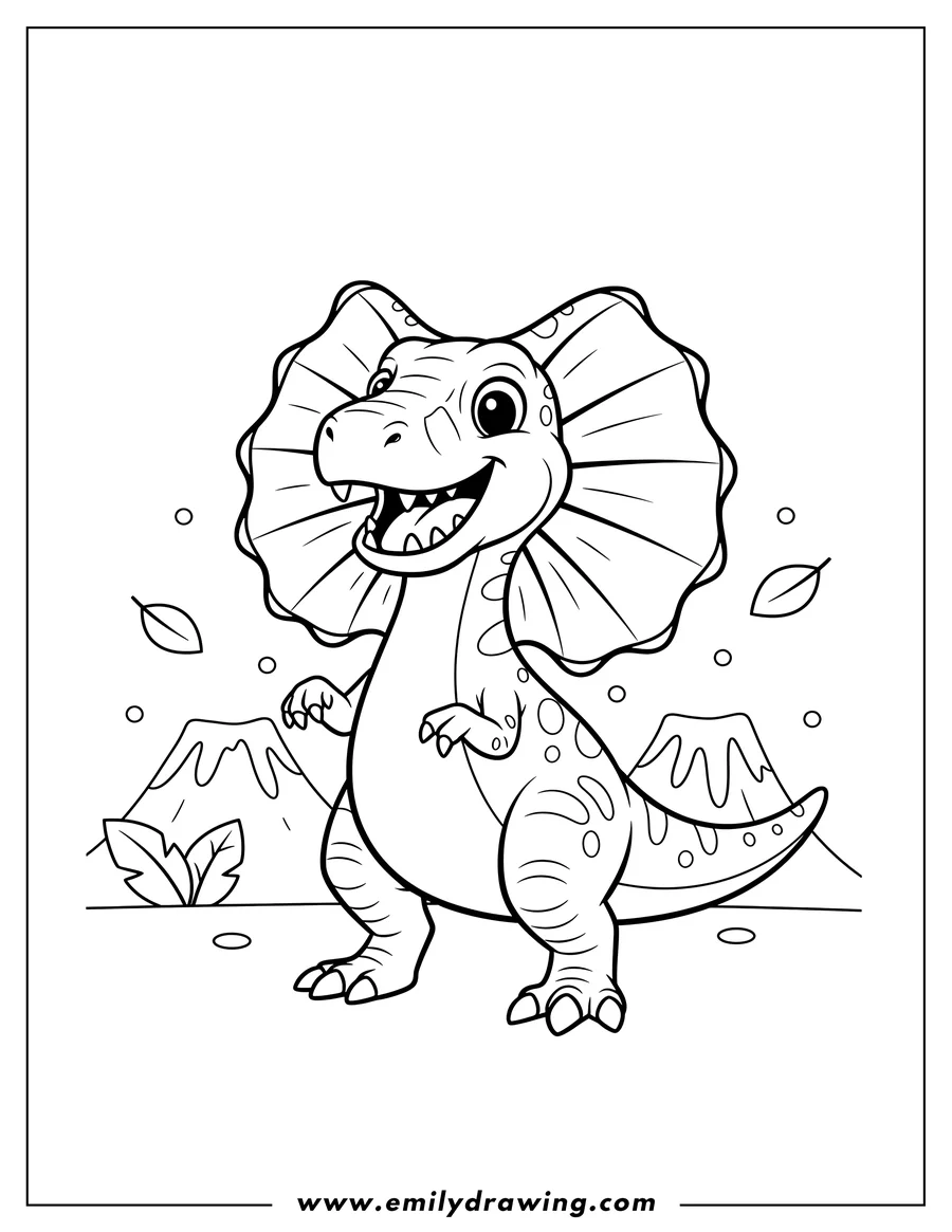 Linear illustration of smiling Dilophosaurus with frills, standing with an open mouth, for preschoolers