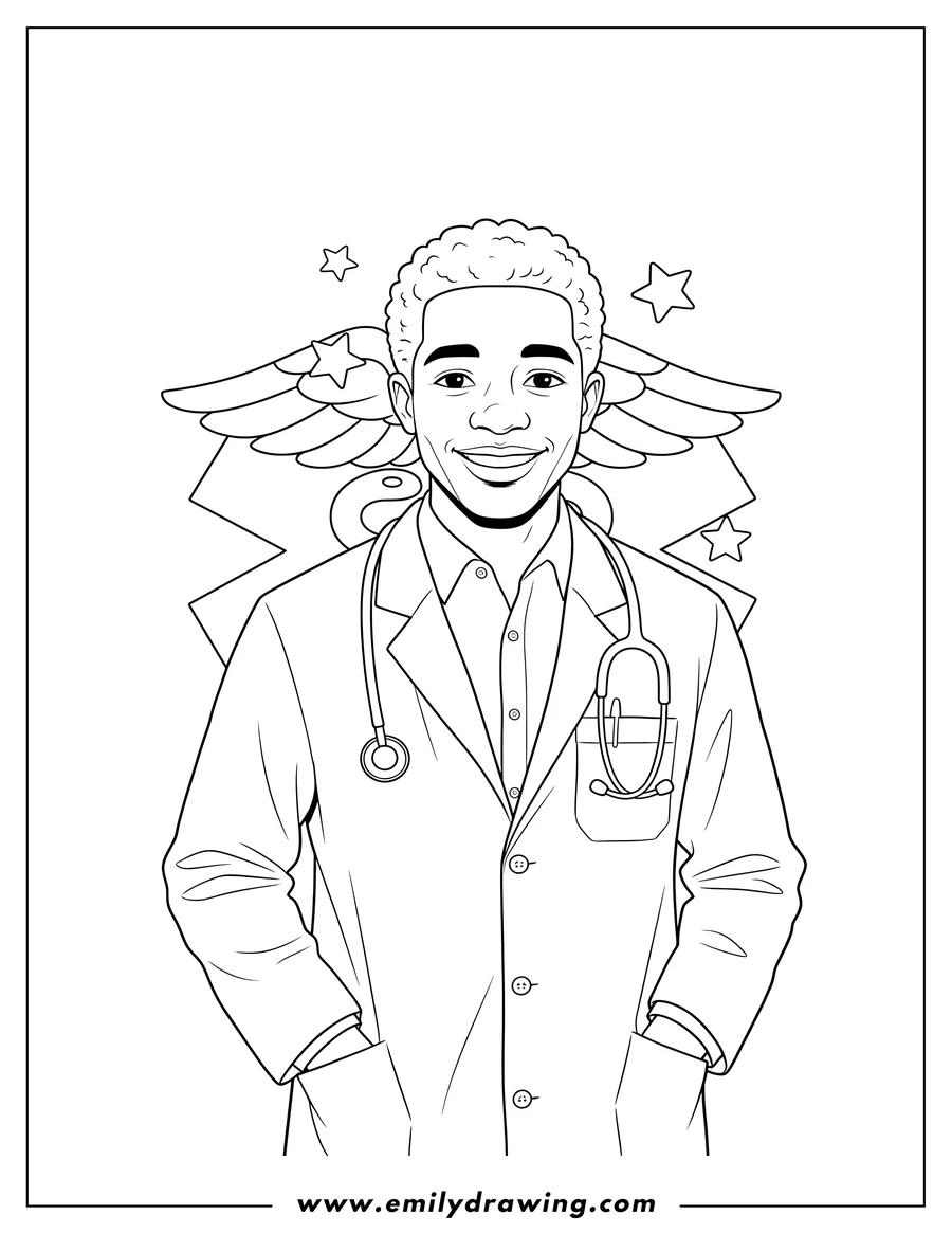Simple sketch of black Doctor smiling, wearing a lab coat and stethoscope to color