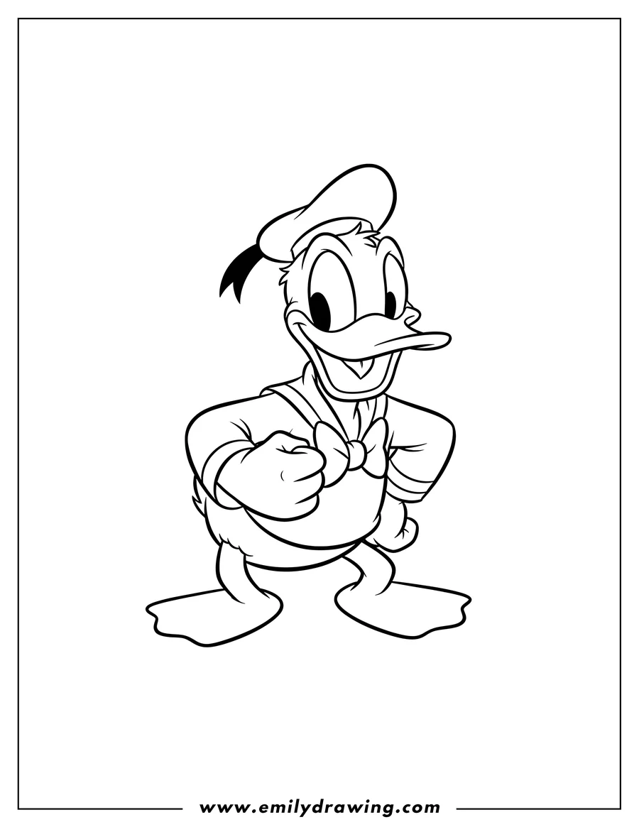 Coloring page of smiling Donald Duck Cartoon, wearing his sailor hat, leaning forward with one hand clenched