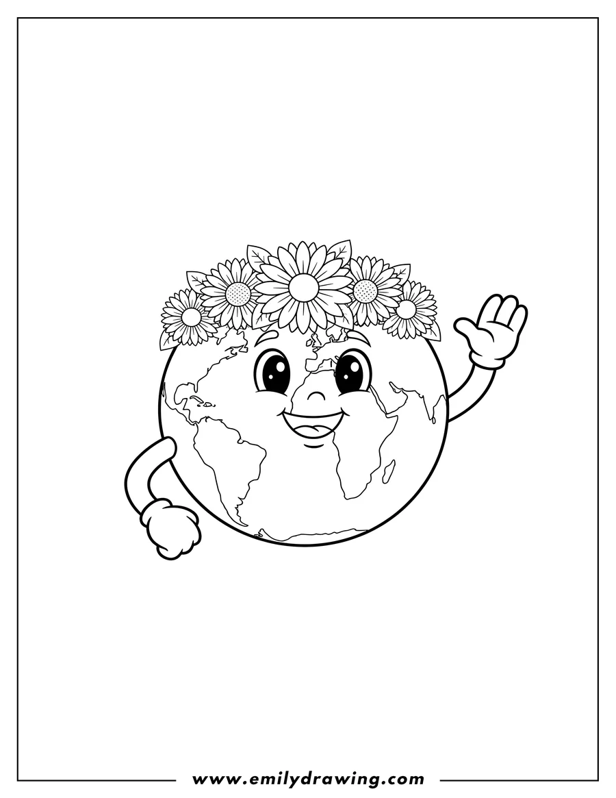 Outline drawing of smiling Earth wearing a flower crown and waving
