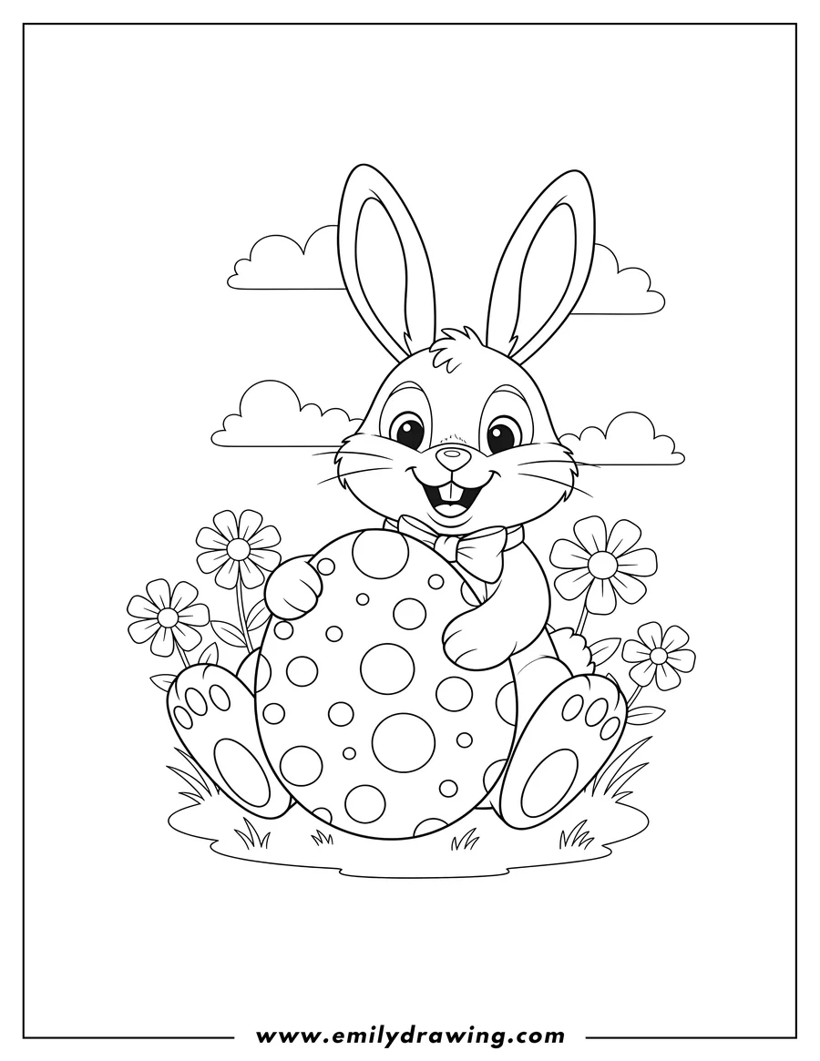 Free printable coloring sheet of smiling Easter Bunny sitting and embracing a polka dot egg, line art