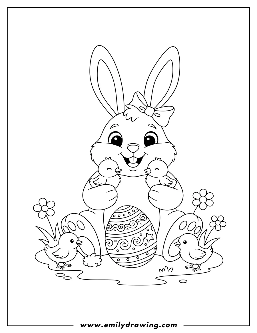 Coloring page for kids: smiling and sitting Easter Bunny holding two chicks and surrounded by more chicks and an Easter egg
