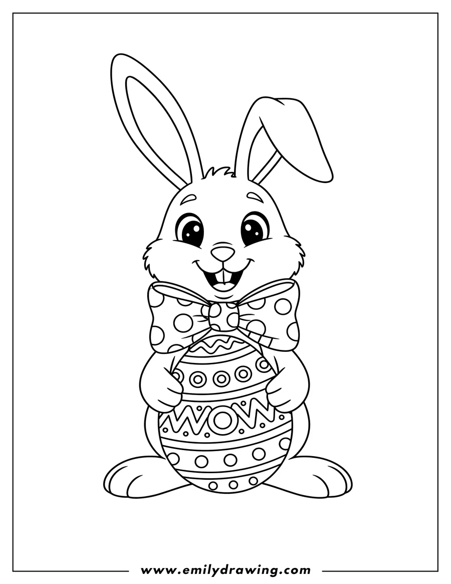 Vector style outline of smiling Easter Bunny with floppy ears, wearing a large bow, and holding an Easter egg