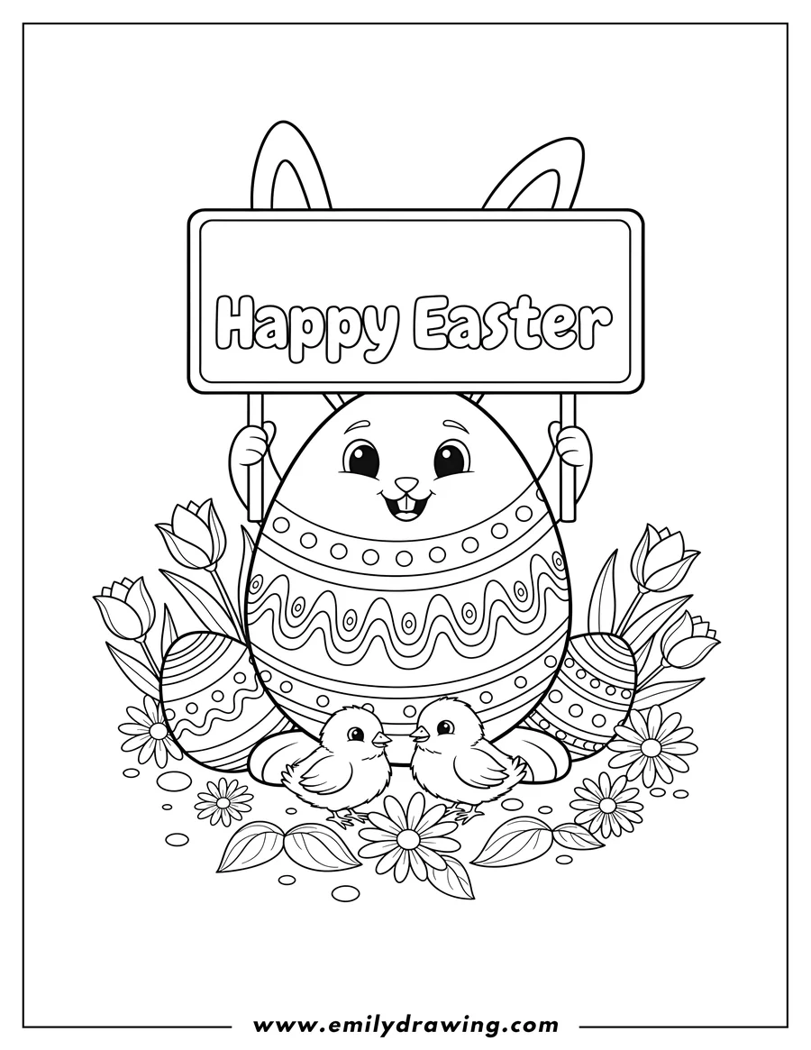 Simple sketch of smiling Easter Egg Bunny with a 'Happy Easter' sign, baby chicks, and decorated eggs among flowers to color