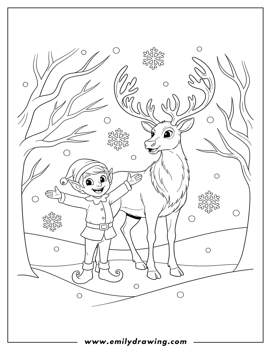 Coloring page for kids: smiling Elf and Majestic Reindeer with large antlers standing in a winter forest