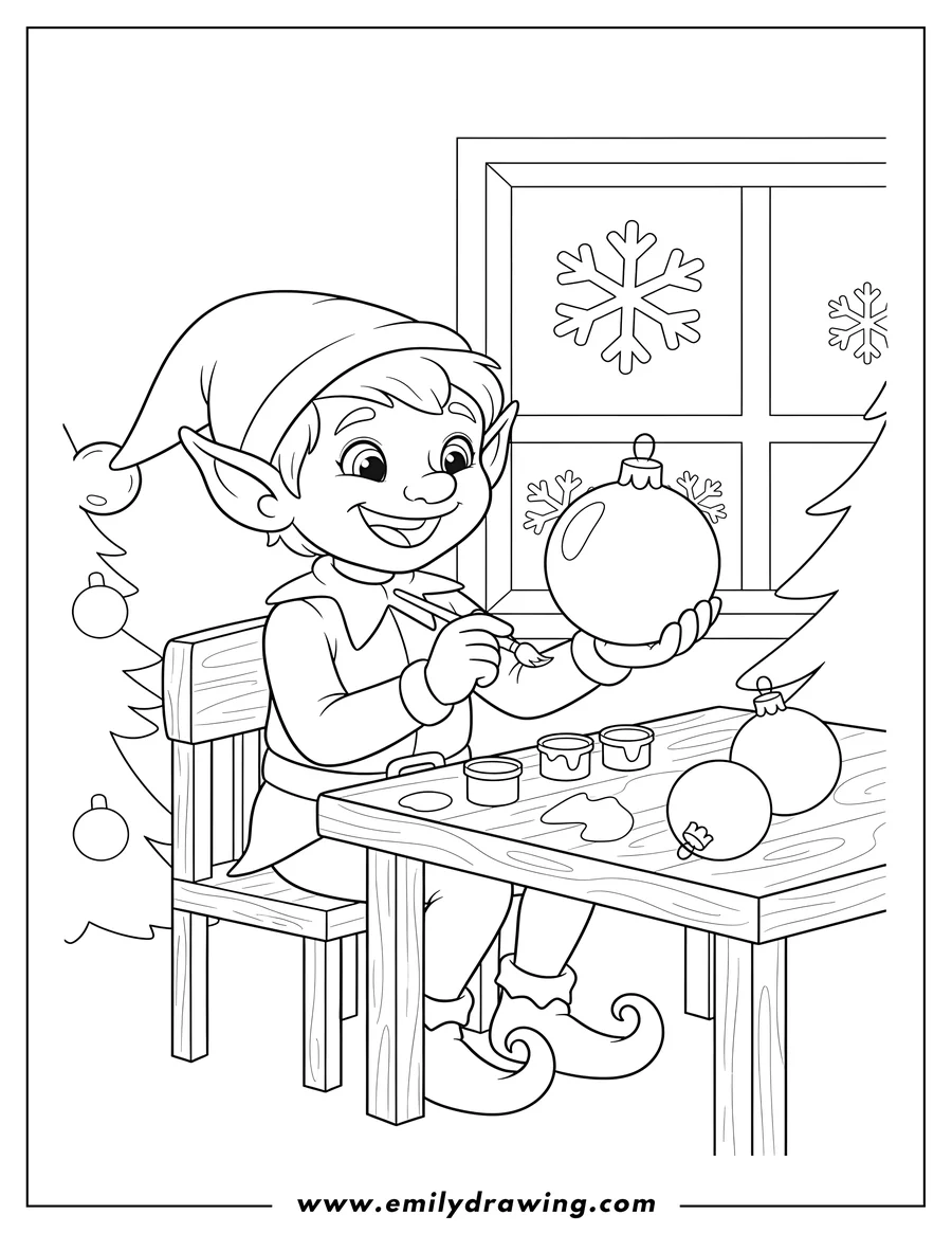 Printable line art of smiling elf wearing a pointed hat, decorating round Christmas ornaments indoors with a paintbrush