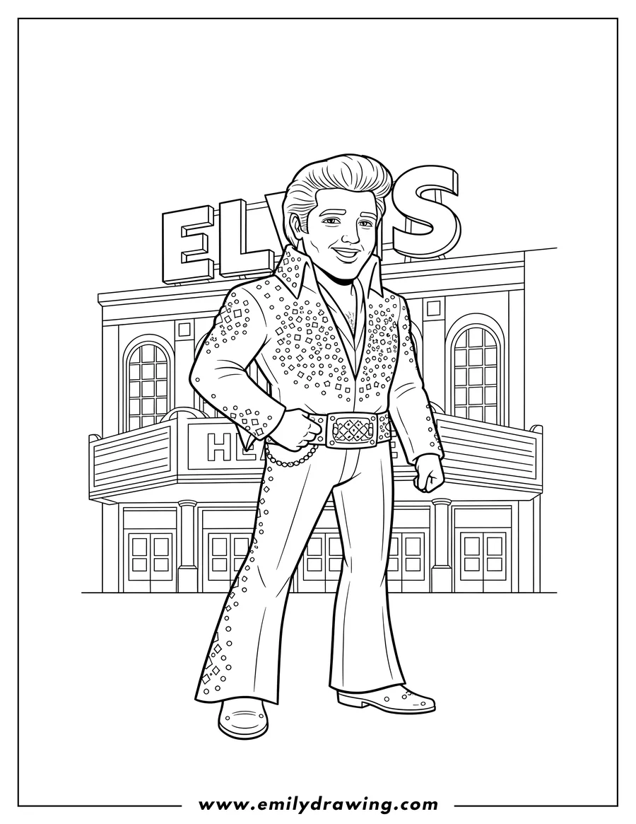 Printable coloring page of smiling Elvis with hand on belt, posing in front of the Memphis Theater and large 'ELVIS' sign