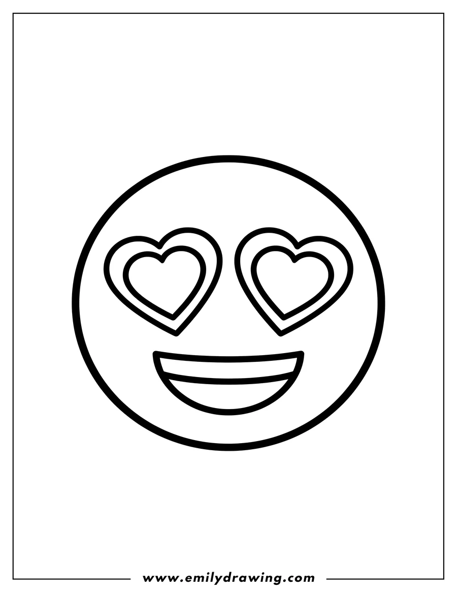 Black and white line art of smiling Face With Heart Eyes emoji-style for preschoolers