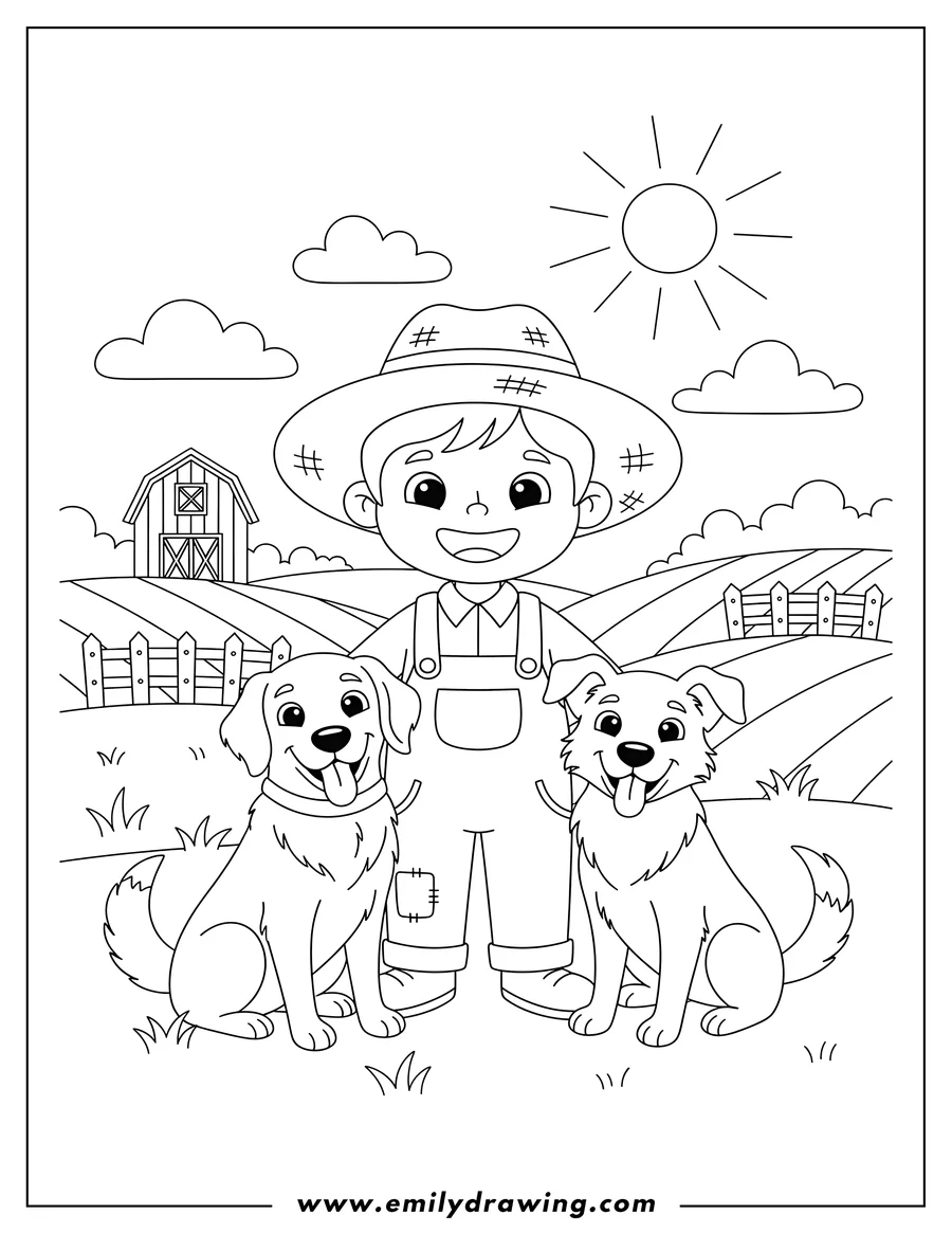Outline drawing of smiling Farmer Boy with his two happy dogs