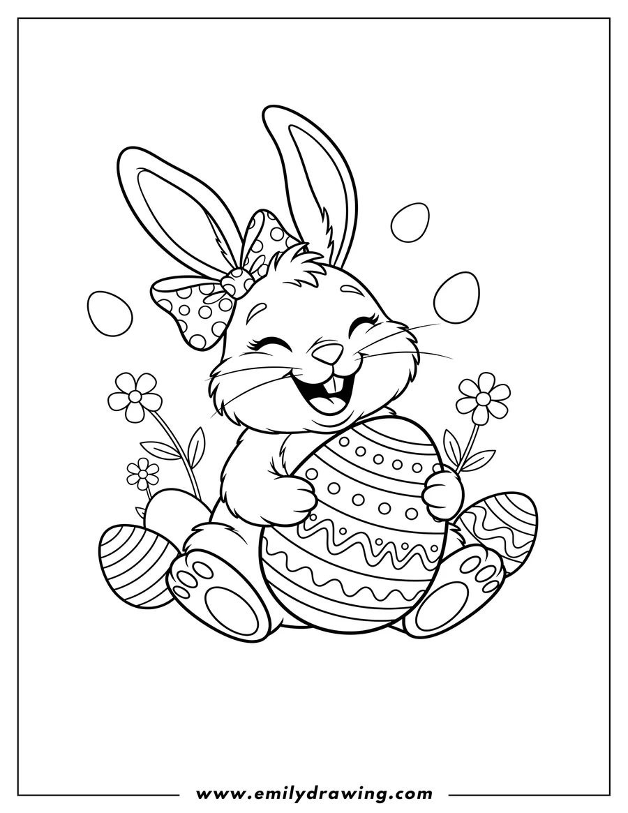 Printable coloring page of smiling Furry Easter Bunny with a bow on its ear, sitting and hugging an Easter egg
