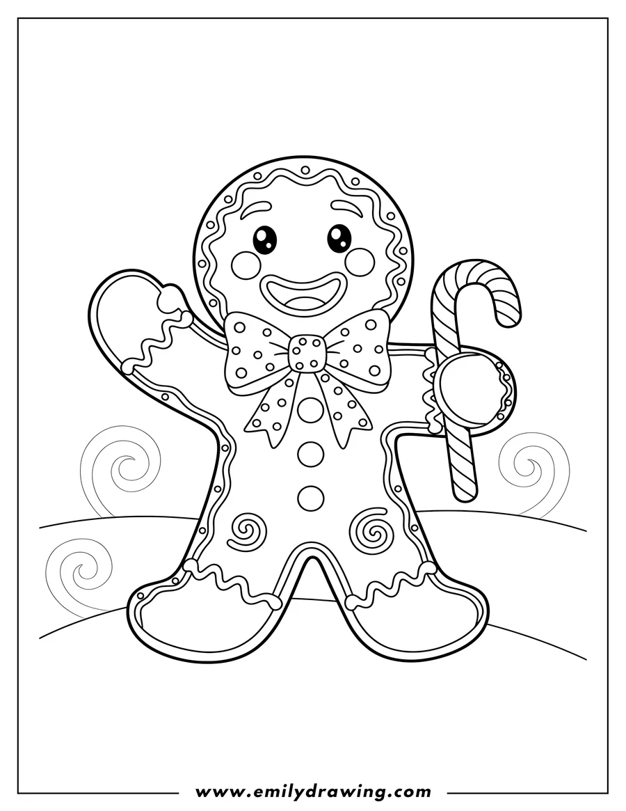 Downloadable coloring page of smiling Gingerbread Man with a bow tie, waving while holding a candy cane