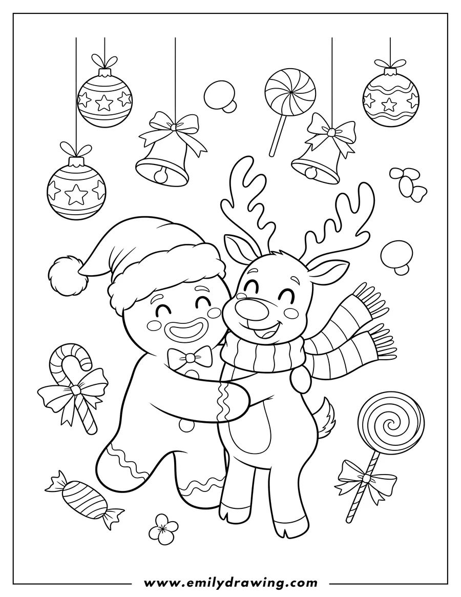 Coloring page of smiling Gingerbread Man in Santa hat and Reindeer in scarf hugging with ornaments and candy