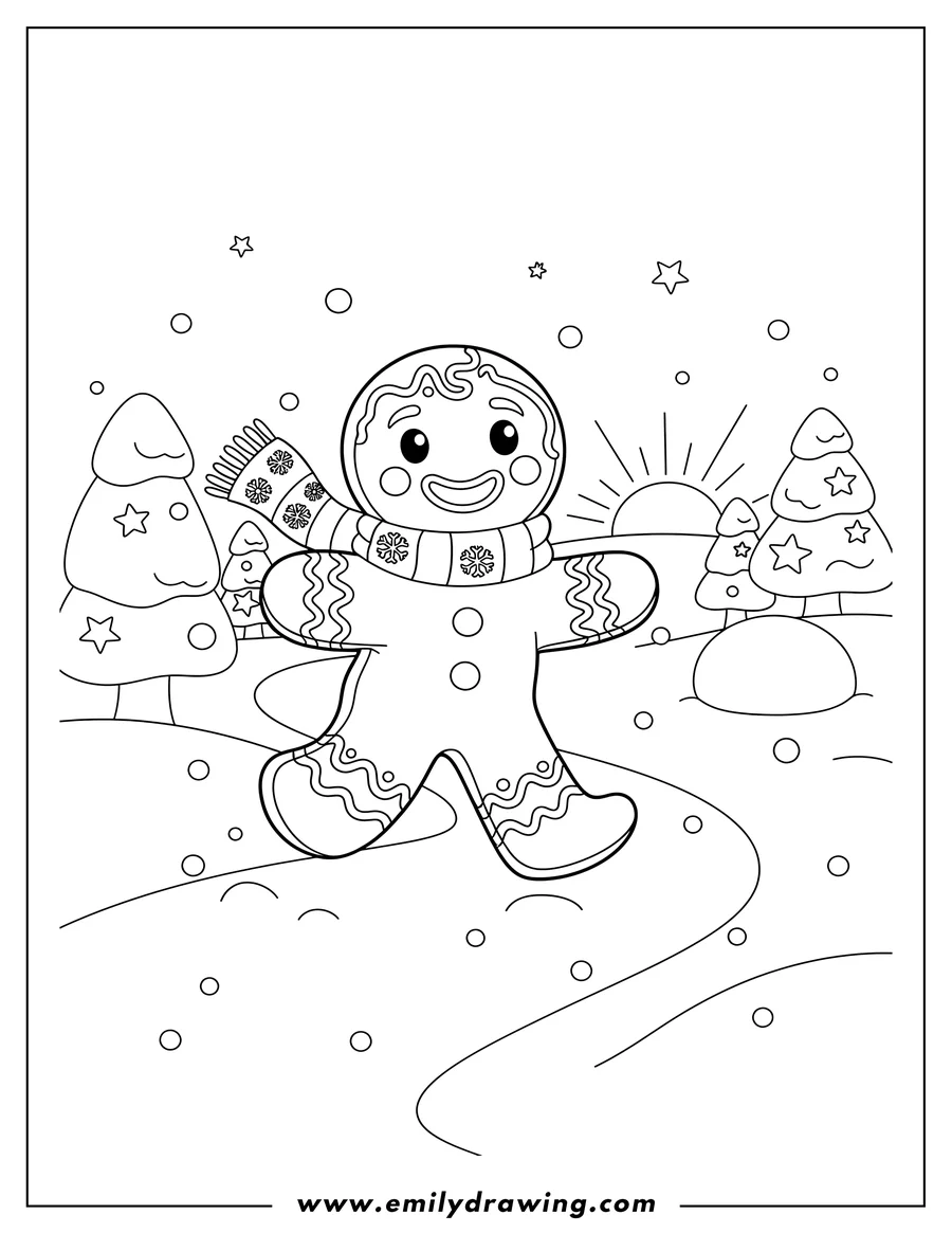 Coloring page for kids: smiling Gingerbread Man wearing a scarf and icing decorations, running on a snowy path on Christmas