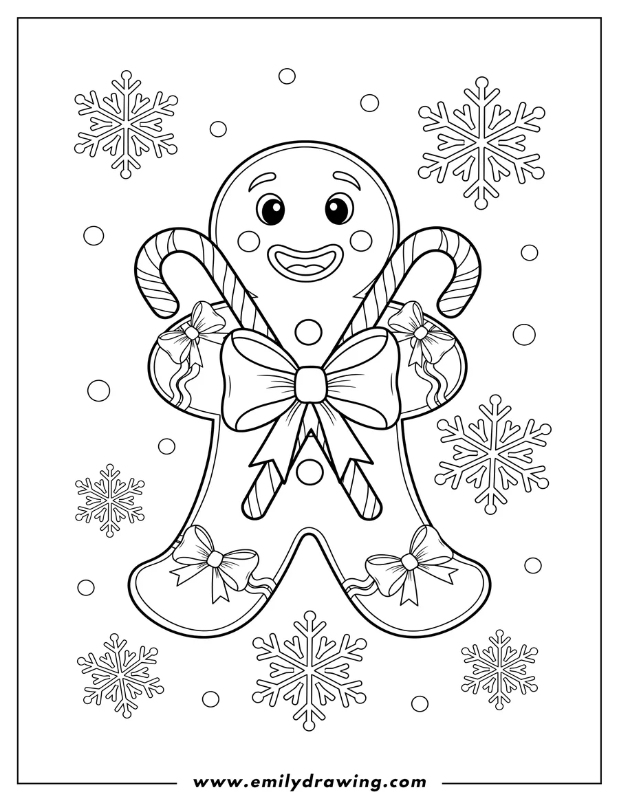 Black and white line art of smiling Gingerbread Man with candy canes, bows, and snowflakes