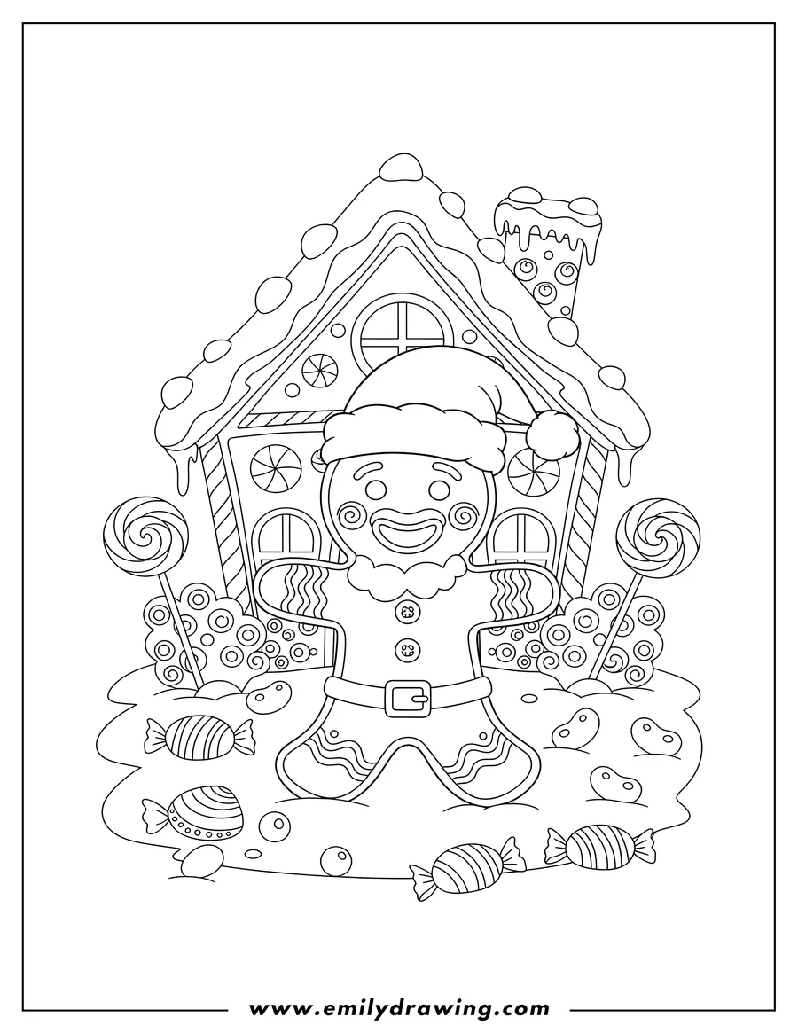 Coloring sheet featuring smiling Gingerbread Man Santa Hat With Snowy Gingerbread House And Candy
