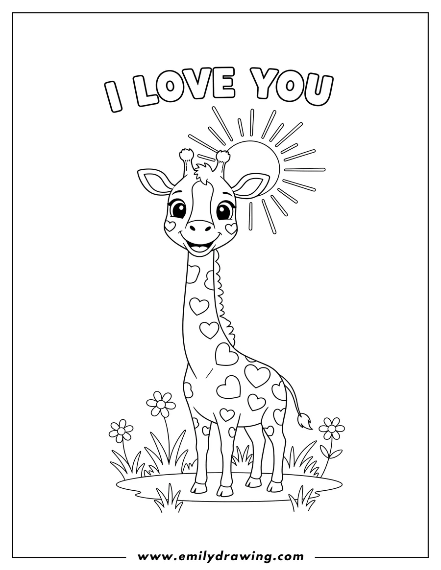 Outline drawing of smiling giraffe with heart spots in a sunny meadow, with I LOVE YOU text above