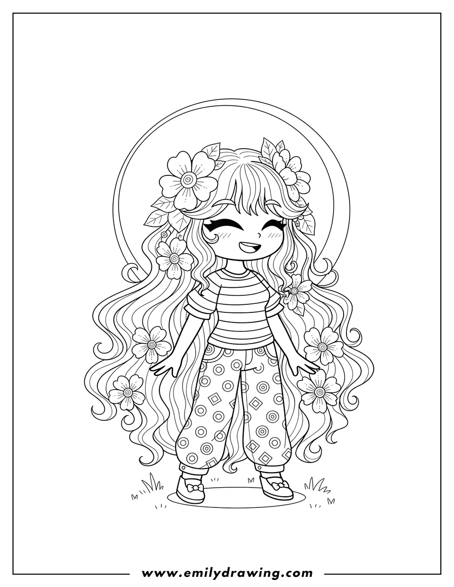 PDF style coloring page: gacha Life Girl Smiling Outline with long hair, flowers, striped shirt, and patterned pants