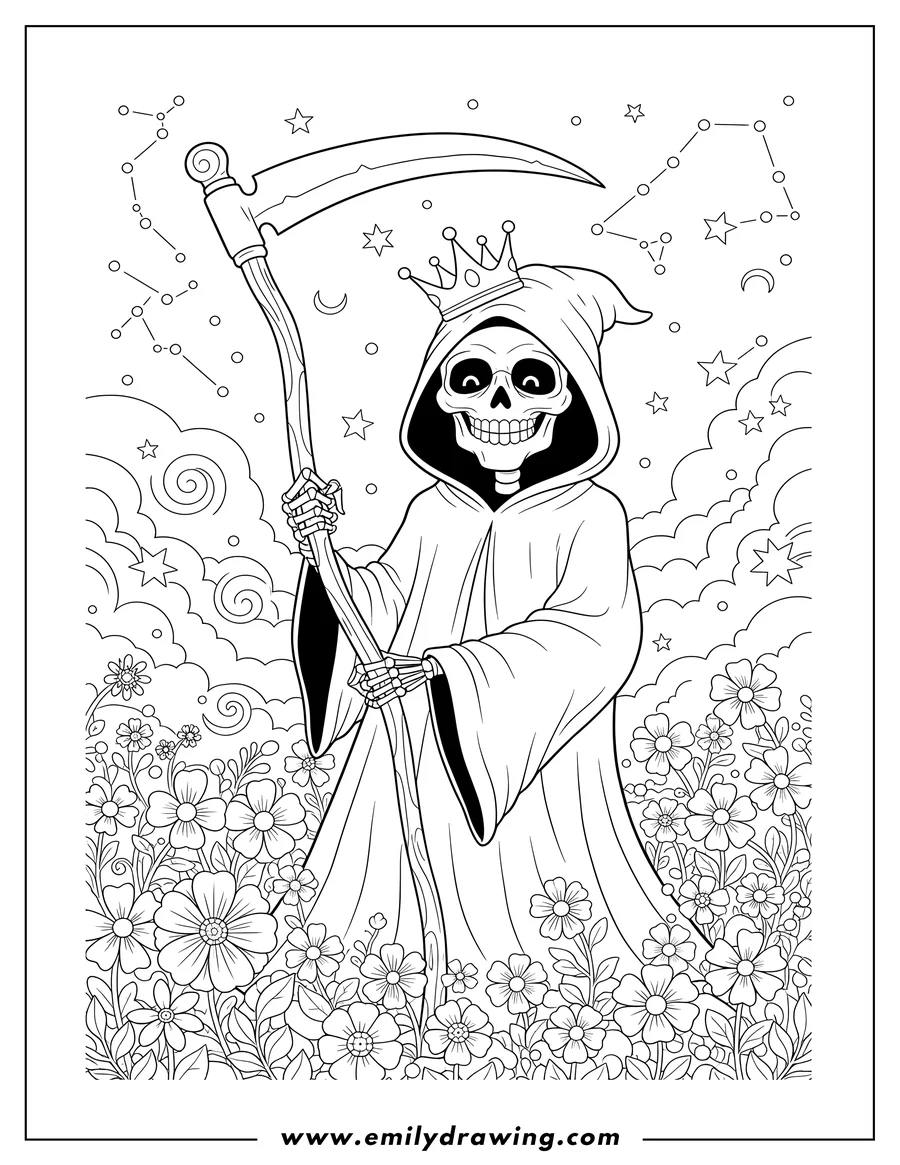 Full page coloring image of smiling Grim Reaper With Crown Holding Scythe Standing Flower Field On Starry Night