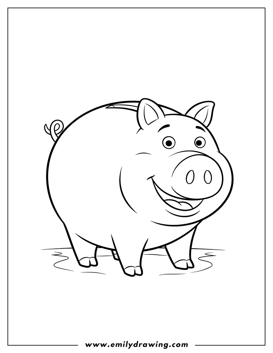 Full page coloring image of smiling Hamm Pig From Toy Story to Color
