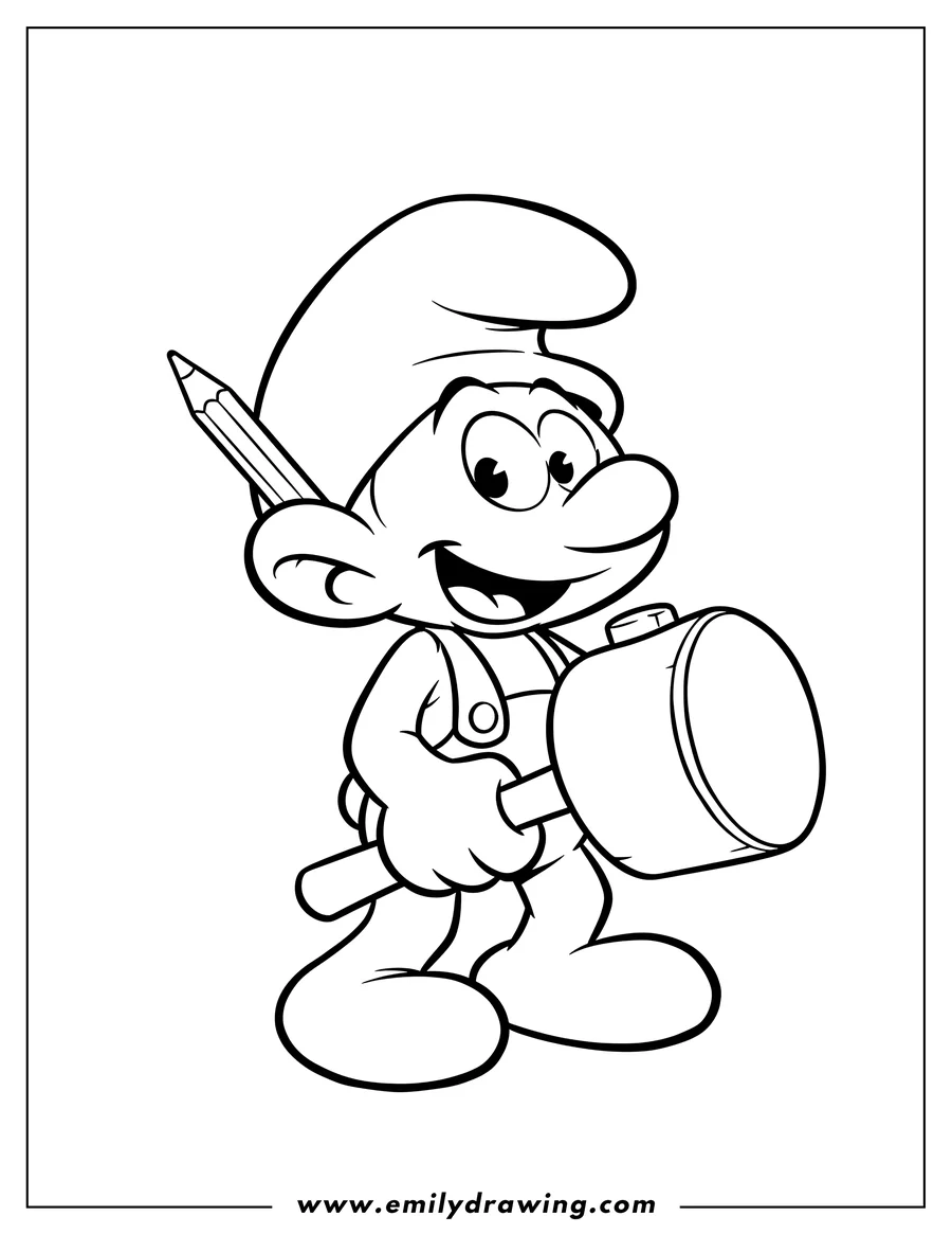 Coloring page for kids: smiling Handy Smurf holding a mallet, with a pencil behind his ear