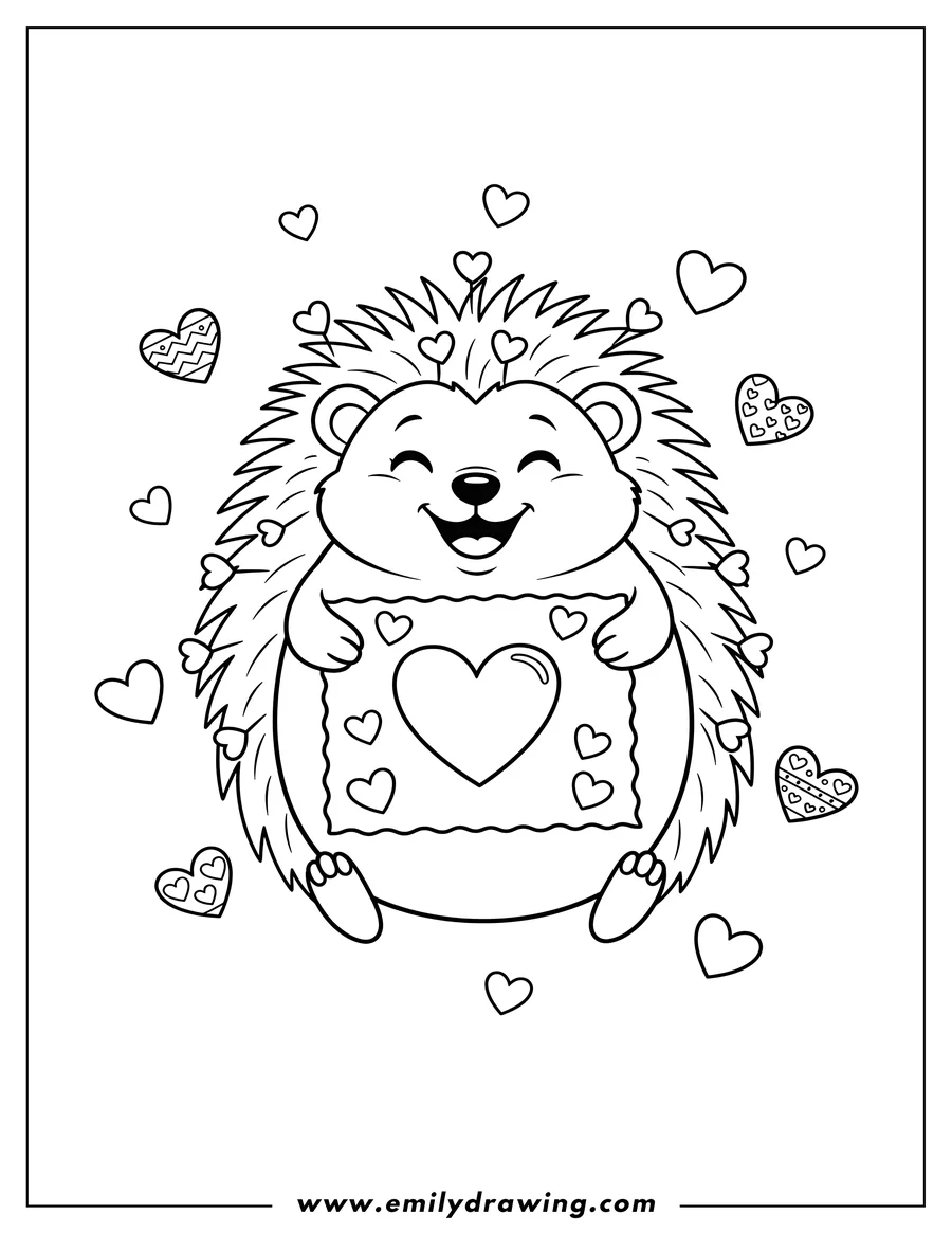 Coloring sheet featuring smiling hedgehog holding up a heart-adorned love letter, with hearts on its quills, for Valentine's Day