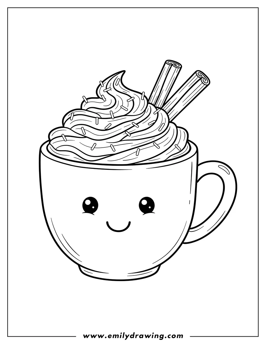 Vector style outline of cute smiling hot chocolate mug with whipped cream, sprinkles, and two cinnamon sticks