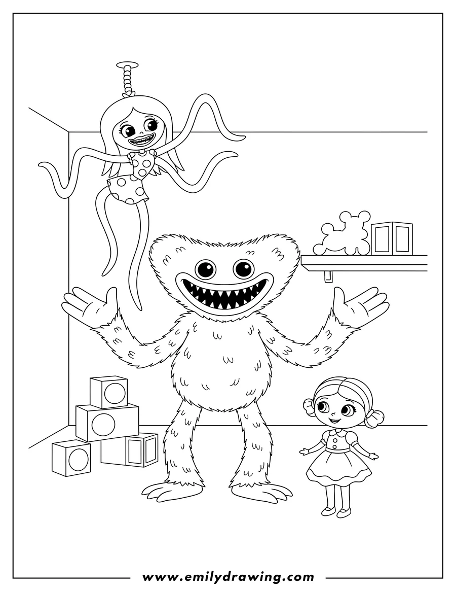 Full page coloring image of smiling Huggy Wuggy standing, Mommy Long Legs hanging, and Poppy the girl in a room
