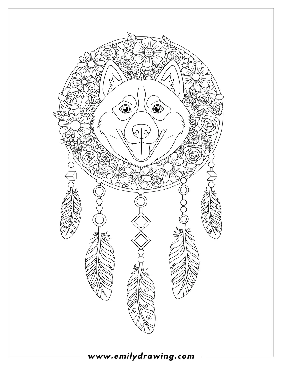 Coloring page of smiling husky in an intricate floral dreamcatcher with hanging feathers and beads