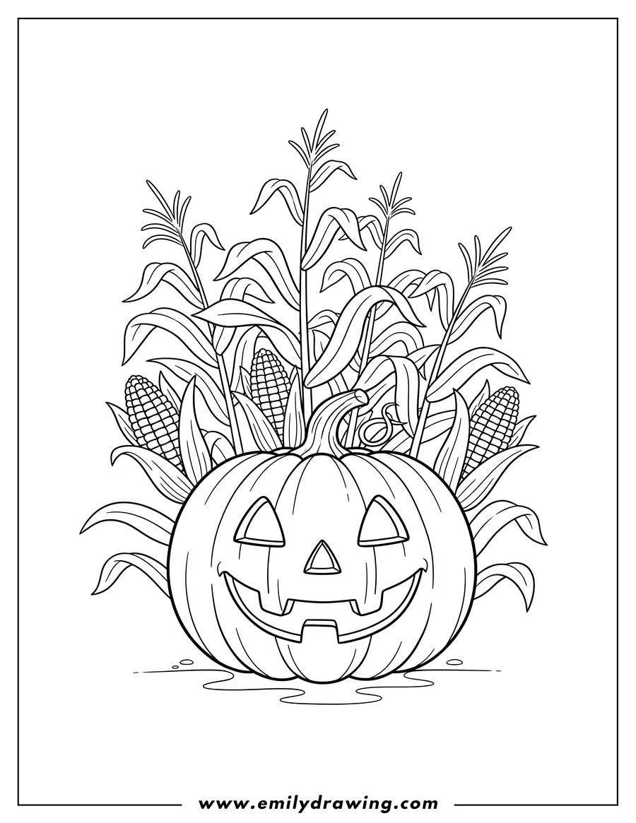 High quality printable smiling Jack O Lantern with carved eyes and nose, surrounded by corn stalks with ears for coloring