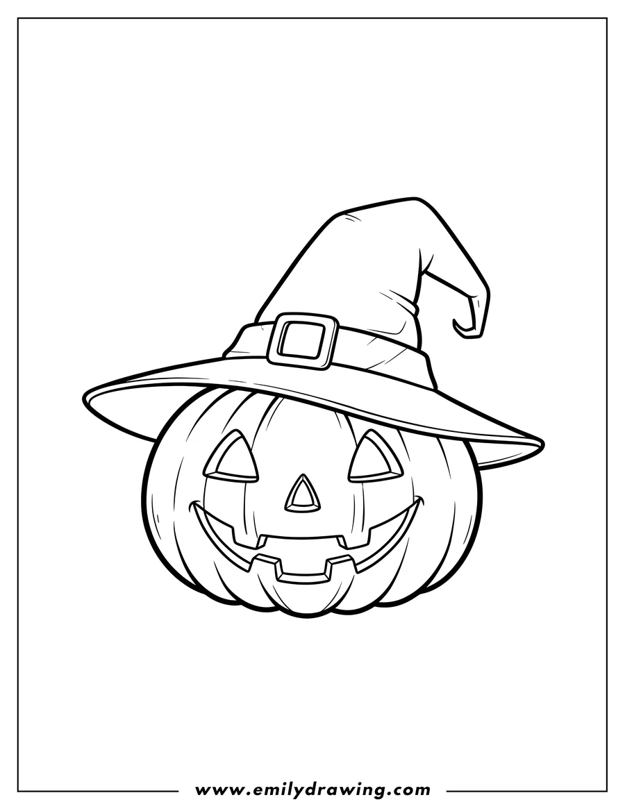 Black and white line art of smiling Jack O Lantern Wearing a Tall, Pointy Witches Hat