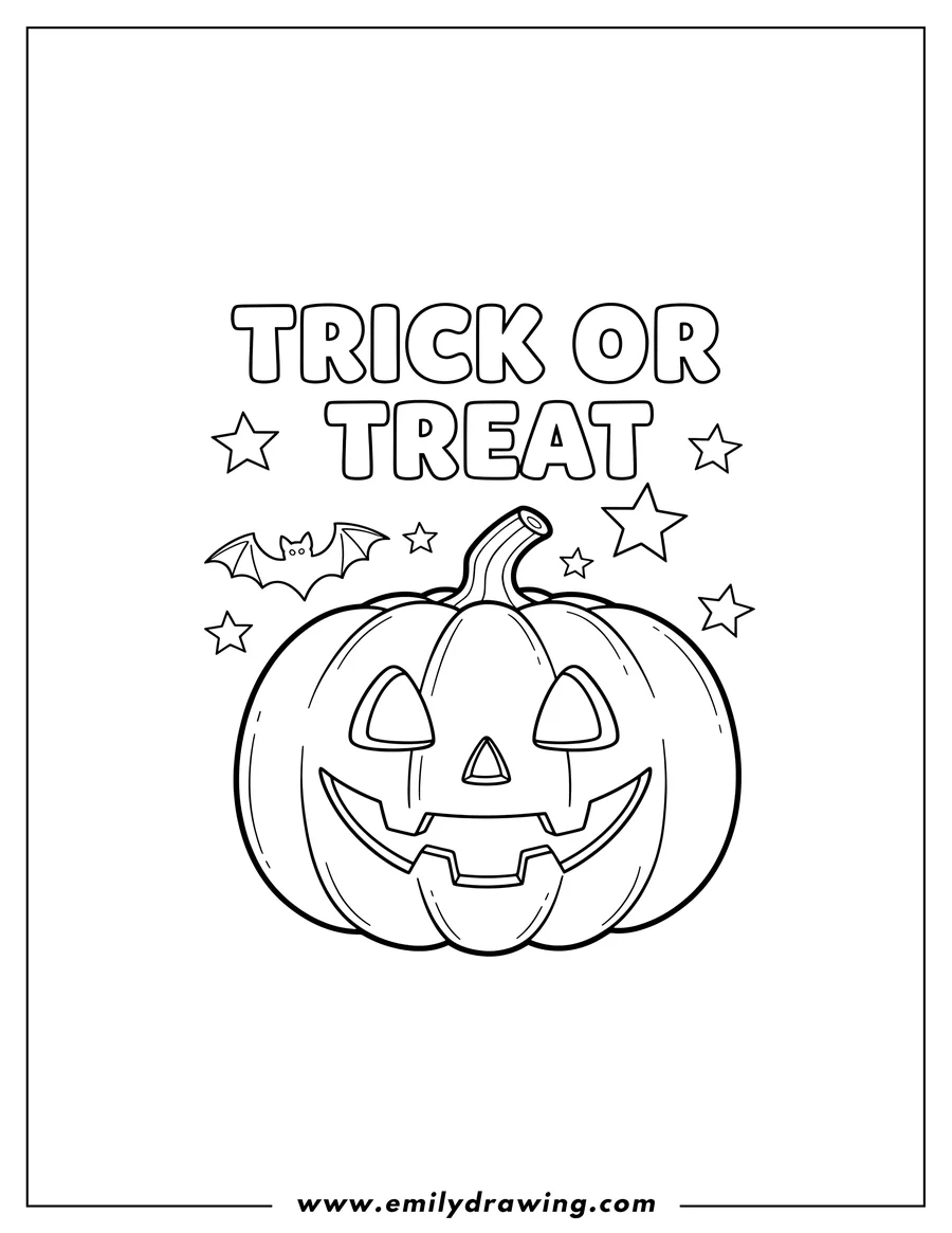 Black and white line art of smiling Jack O Lantern With Easy Trick Or Treat Words, with a bat and stars