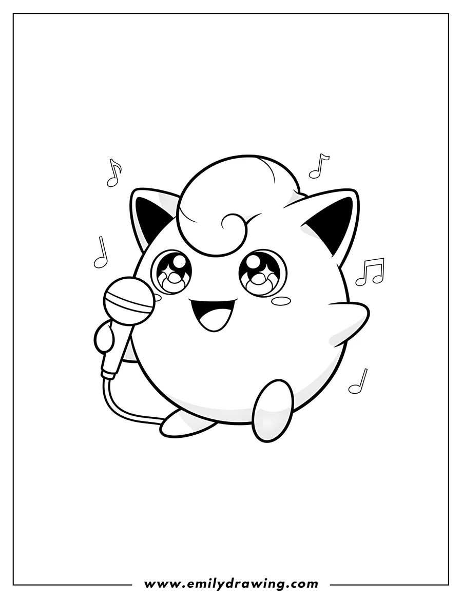 Doodle style coloring picture of smiling Jigglypuff With Mic, with large sparkling eyes and a tuft of hair