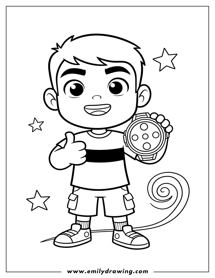 High quality printable smiling kawaii Ben Ten holding up Omnitrix for preschoolers for coloring