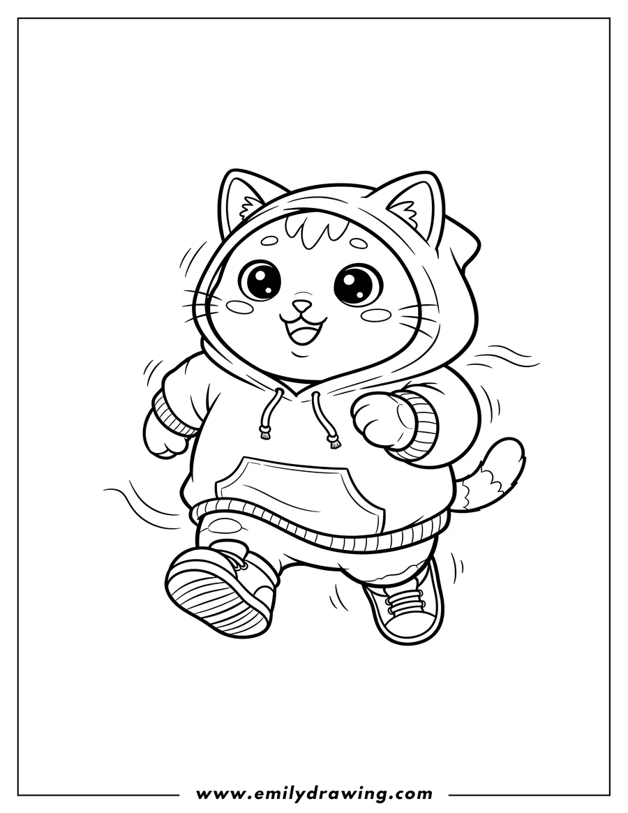 Printable coloring page of smiling Kawaii Cat Running, wearing a hoodie and sneakers