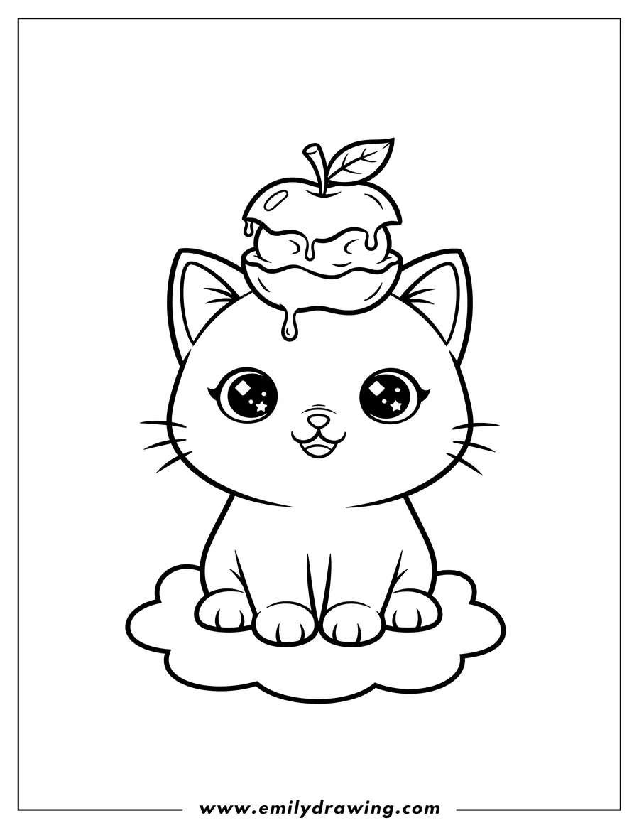 Outline drawing of smiling Kawaii Cat sitting with a crushed apple on its head