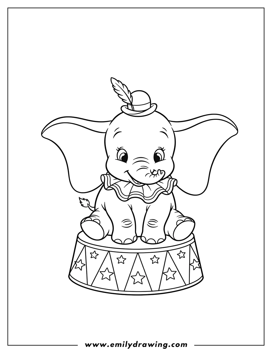Black and white line art of smiling Kawaii Dumbo wearing a hat and ruff, sitting on a circus podium