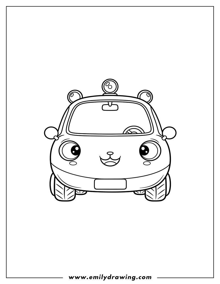 Full page coloring image of smiling Kawaii Heart Hatchback Car with a light on top, front view