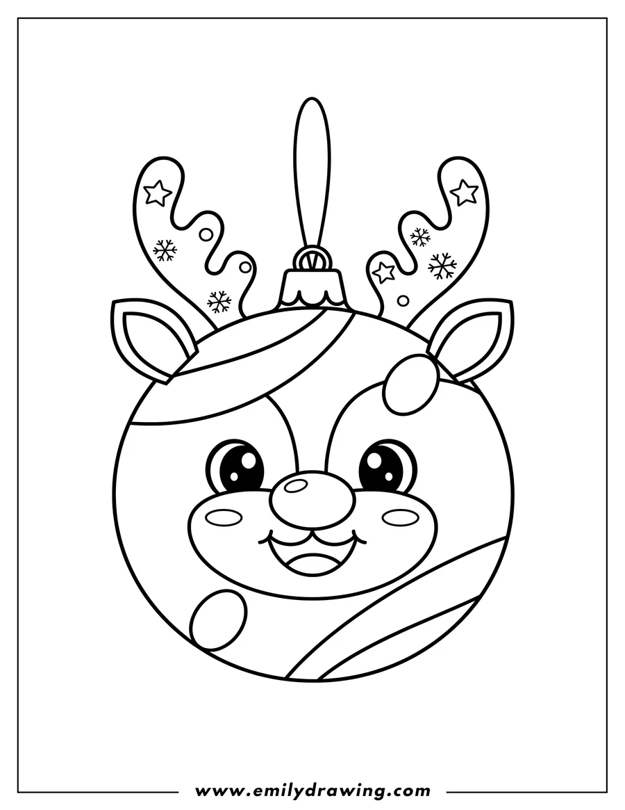 Printable coloring page of smiling Kawaii Rudolph Reindeer Christmas Bauble with antlers