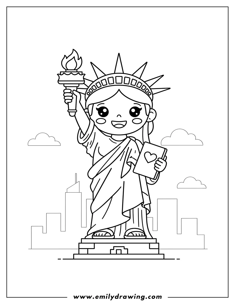 High quality printable [Scene]: Smiling Kawaii Statue Liberty holding a torch and tablet for coloring